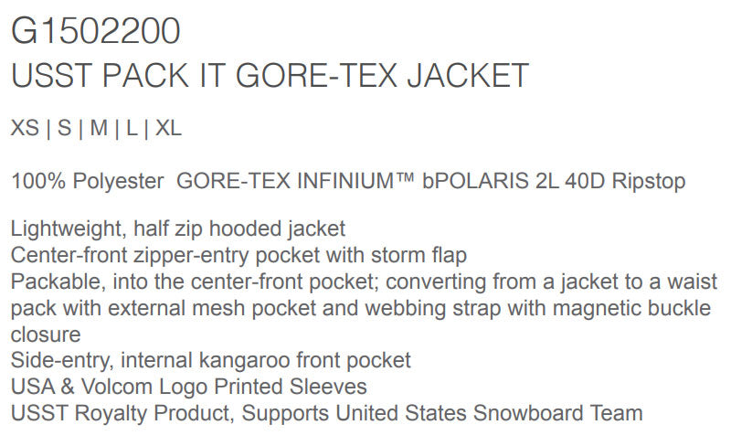 21-22 VOLCOM/ボルコム USST PACK IT GORE-TEX jacket メンズ スノーウェアー ジャケット スノーボードウェア 2022