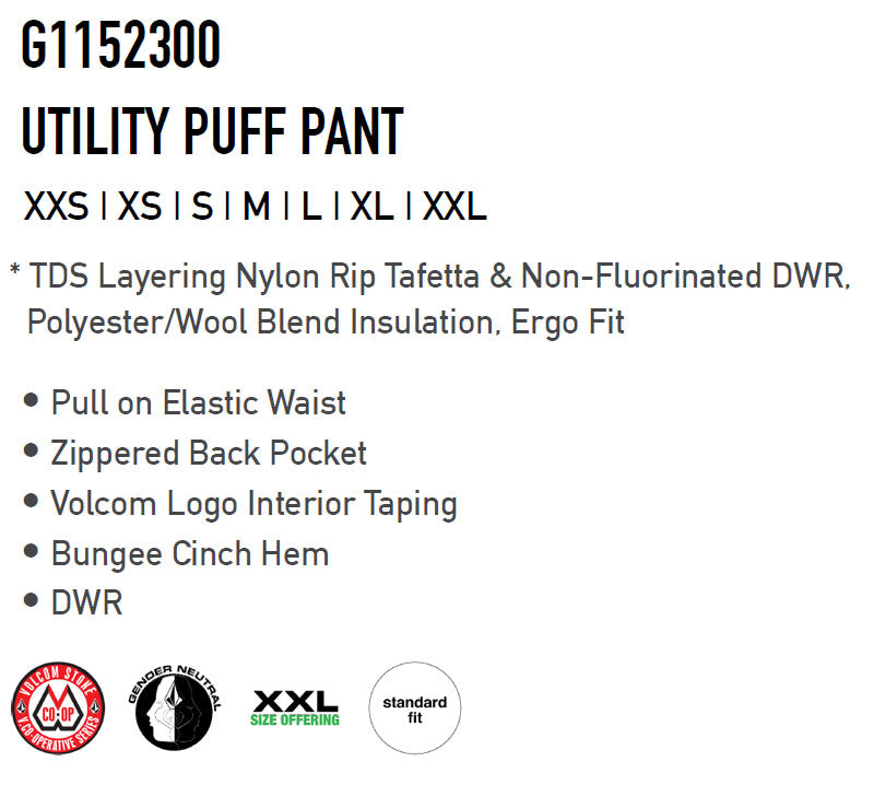 即出荷 22-23 VOLCOM/ボルコム UTILITY PUFF pant メンズ レディース  セカンドレイヤー スノーボードウェア インナーウエア 2023