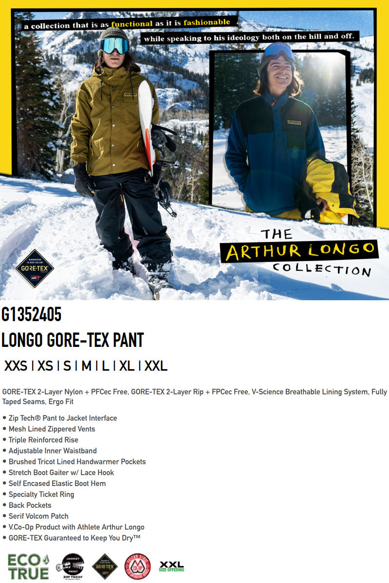 23-24 VOLCOM/ボルコム LONGO GORE-TEX pant メンズ レディース アーサー・ロンゴ 防水ゴアテックスパンツ スノーボードウェア スノーウェアー 2024