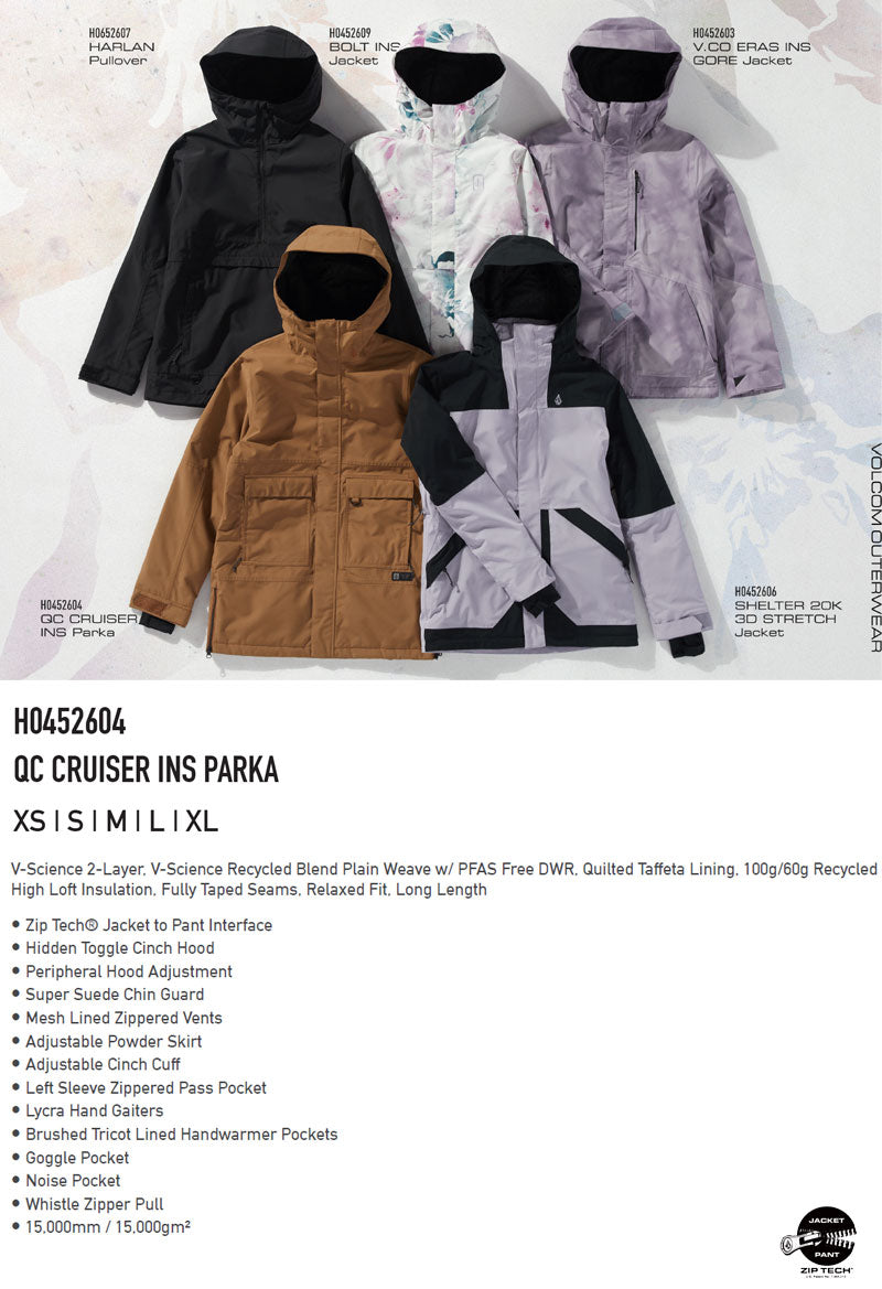 25-26 VOLCOM/ボルコム QC CRUISER INS parka レディース 防水ジャケット スノーボードウェア スノーウェアー 2026