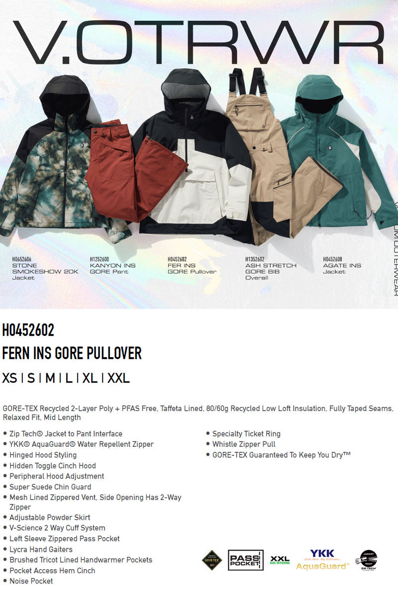25-26 VOLCOM/ボルコム FERN INS GORE pullover レディース 防水プルオーバー ゴアテックス スノーボードウェア スノーウェアー 2026