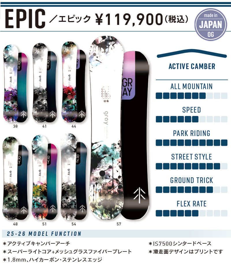25-26 GRAY/グレイ EPIC エピック メンズ レディース スノーボード グラトリ パーク  国産 板 2026