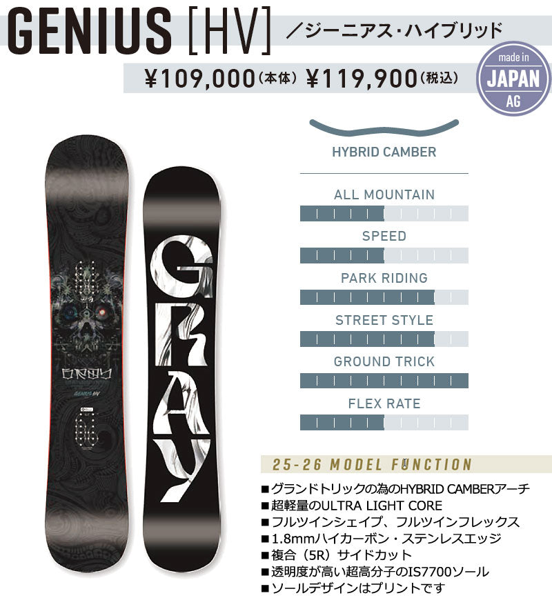25-26 GRAY/グレイ GENIUS-HV ジーニアスハイブリッド メンズ レディース スノーボード グラトリ パーク  国産 板 2026