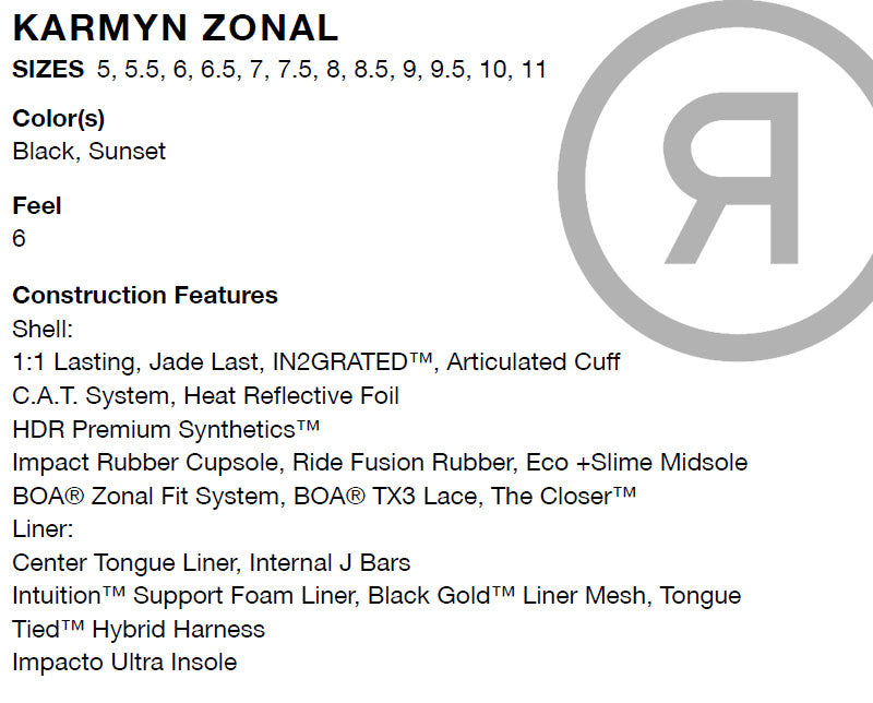 25-26 RIDE/ライド KARMYN ZONAL カーマイン レディース ブーツ ダブルボア 熱成型対応 スノーボード 2026