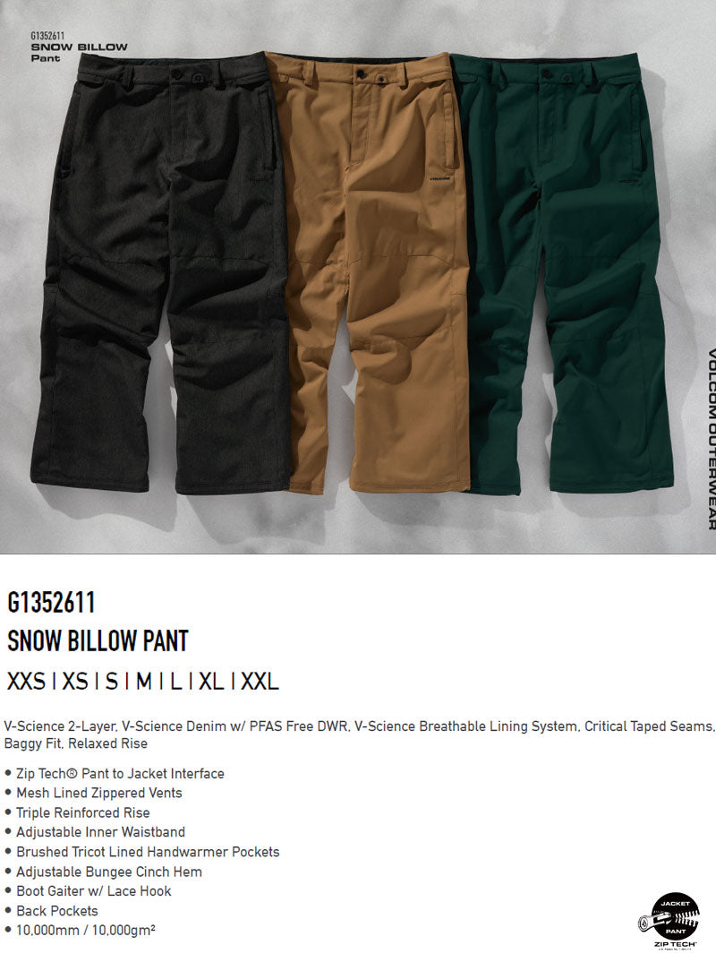 25-26 VOLCOM/ボルコム SNOW BILLOW pant メンズ レディース 防水パンツ スノーボードウェア スノーウェアー 2026