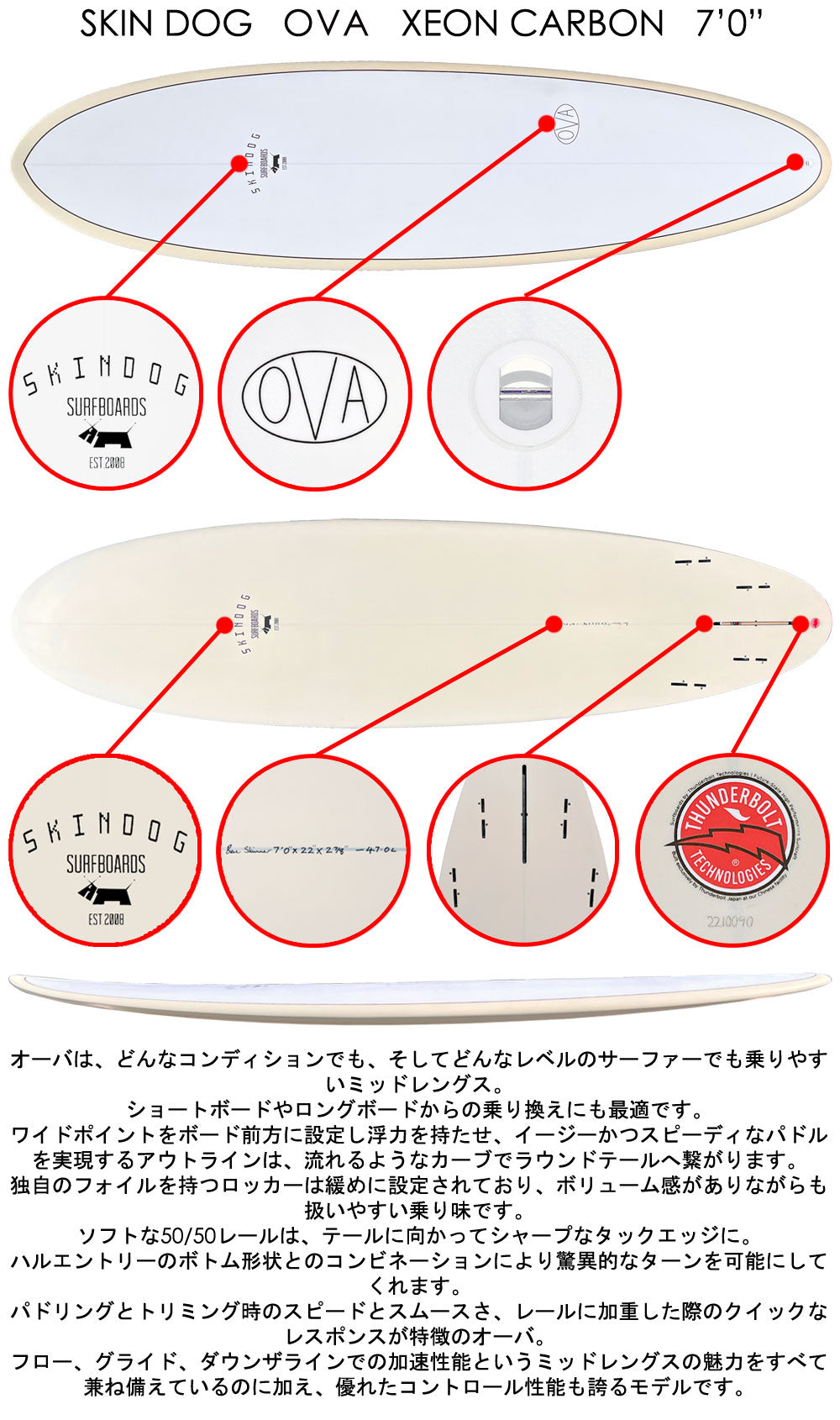 2023 SKIN DOG THE OVA 7'0 XEONCARBON / スキンドック ザ オーバ ジオンカーボン サンダーボルト トンビ製 5フィン ミッドレングス ファンボード サーフボード 営業所止め 送料無料 サーフィン