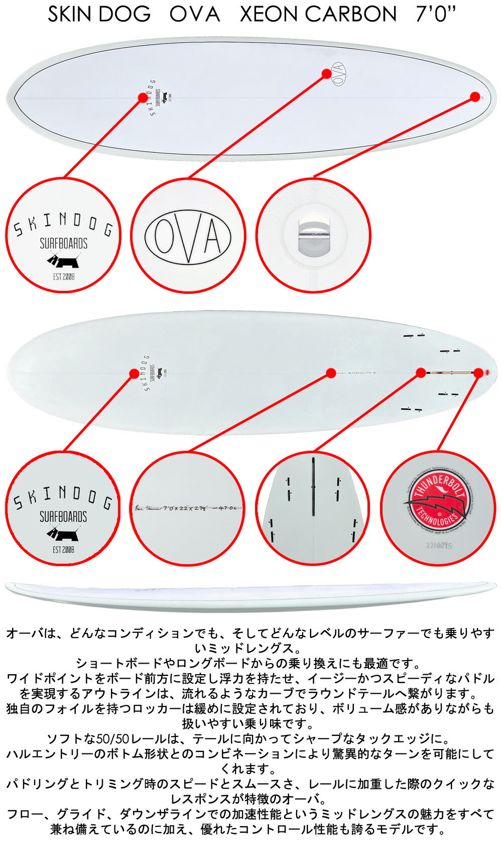 2023 SKIN DOG THE OVA 7'0 XEONCARBON / スキンドック ザ オーバ ジオンカーボン サンダーボルト トンビ製 5フィン ミッドレングス ファンボード サーフボード 営業所止め 送料無料 サーフィン